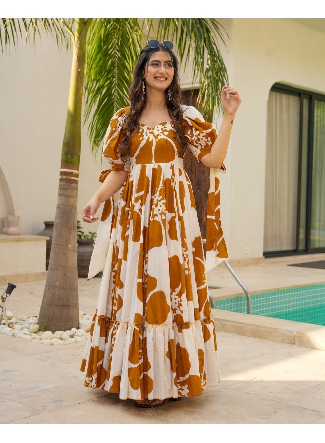 VISHVA CREATION Brown Floral Print Maxi Dress for Women - Image 1